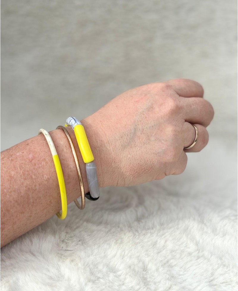 Bracelet Fin Perles Tube Jaune et Gris